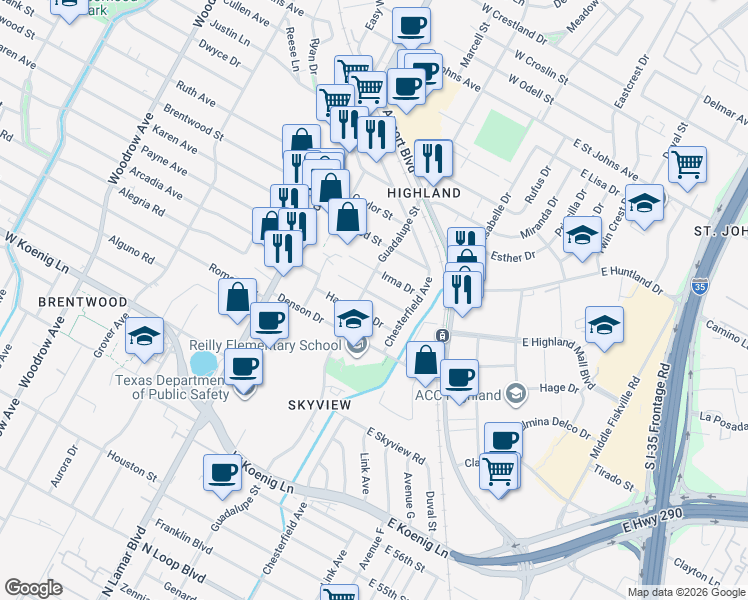 map of restaurants, bars, coffee shops, grocery stores, and more near 409 Wilmes Drive in Austin