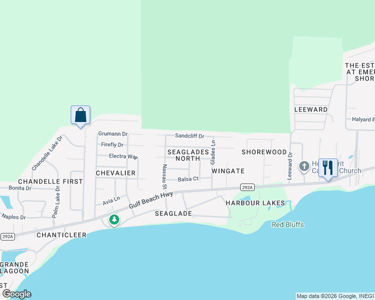 map of restaurants, bars, coffee shops, grocery stores, and more near 1445 Cacao Lane in Pensacola