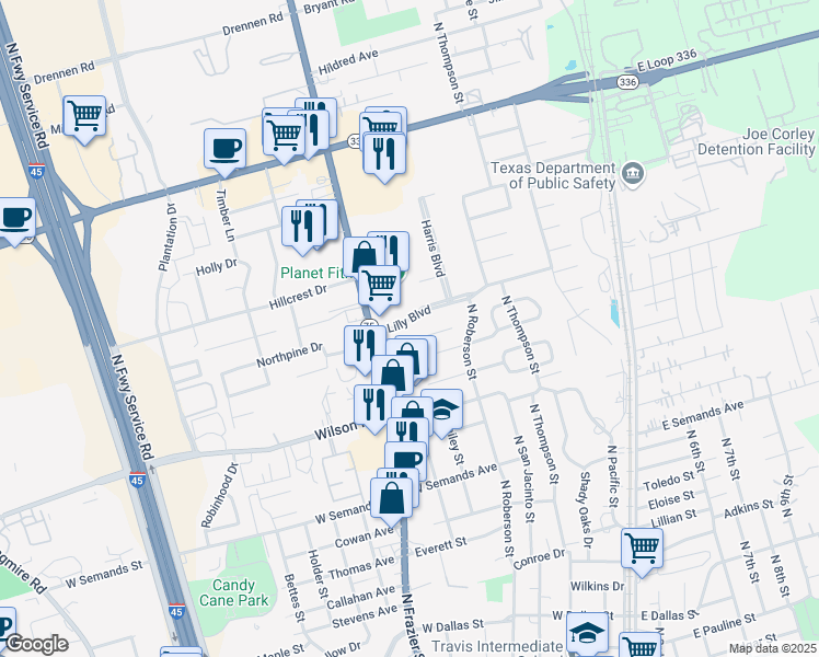 map of restaurants, bars, coffee shops, grocery stores, and more near 521 Lilly Boulevard in Conroe