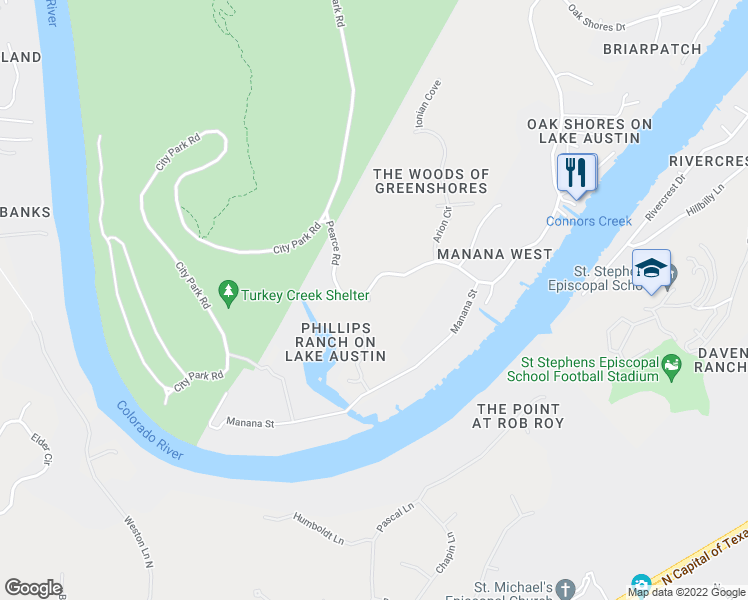 map of restaurants, bars, coffee shops, grocery stores, and more near 2465 Pearce Road in Austin