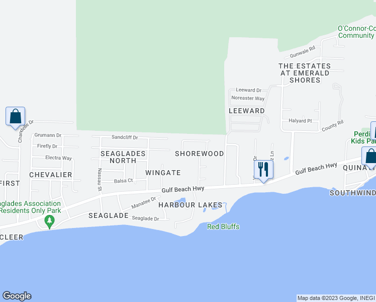 map of restaurants, bars, coffee shops, grocery stores, and more near 4012 Shorewood Drive in Pensacola