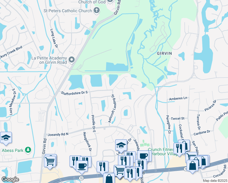 map of restaurants, bars, coffee shops, grocery stores, and more near 531 Ashcroft Landing Drive in Jacksonville