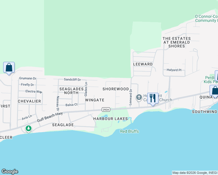 map of restaurants, bars, coffee shops, grocery stores, and more near 4012 Shorewood Drive in Pensacola