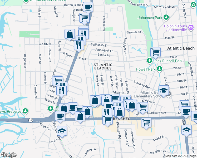 map of restaurants, bars, coffee shops, grocery stores, and more near 402 Skate Road in Atlantic Beach