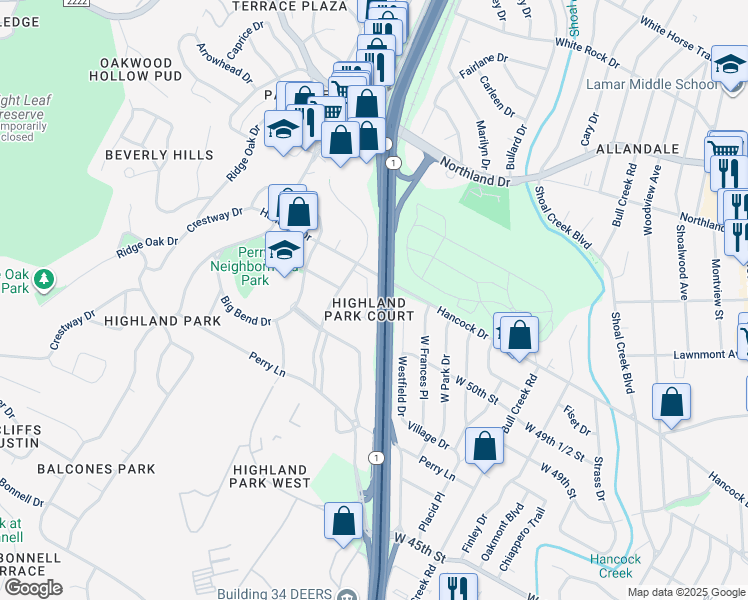 map of restaurants, bars, coffee shops, grocery stores, and more near 5013 Highland Court in Austin