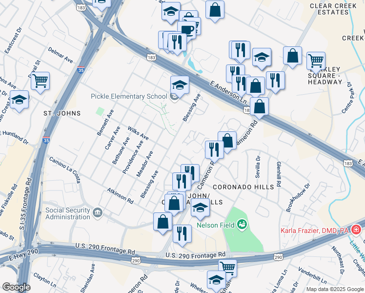 map of restaurants, bars, coffee shops, grocery stores, and more near 7306 Grand Canyon Drive in Austin