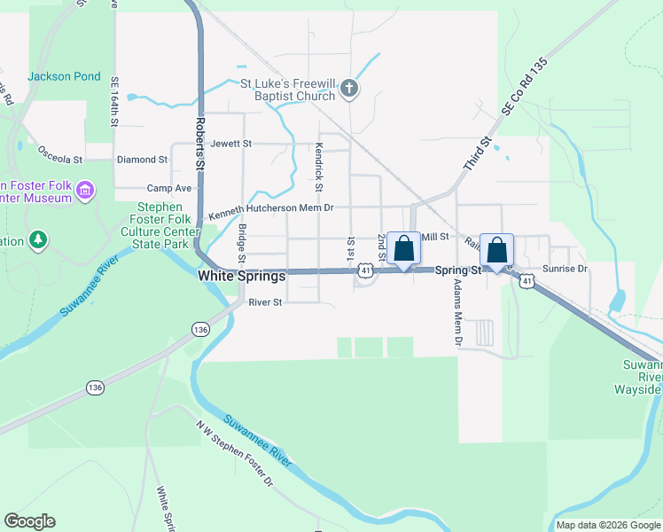 map of restaurants, bars, coffee shops, grocery stores, and more near 16642 Florida 100 in White Springs