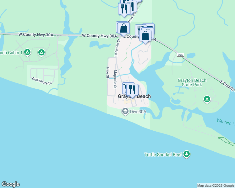 map of restaurants, bars, coffee shops, grocery stores, and more near 263 Magnolia Street in Santa Rosa Beach