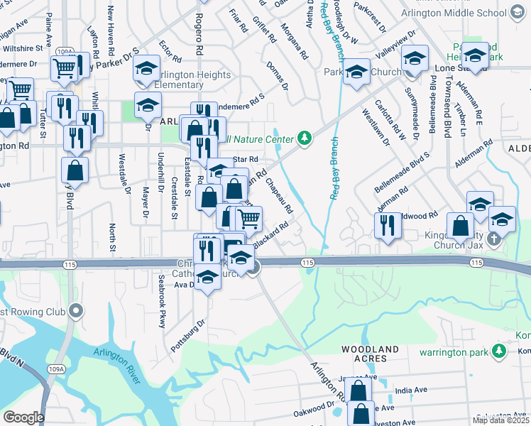 map of restaurants, bars, coffee shops, grocery stores, and more near 1001 Bert Road in Jacksonville