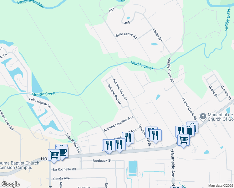 map of restaurants, bars, coffee shops, grocery stores, and more near 18276 Autumn Run Drive in Prairieville