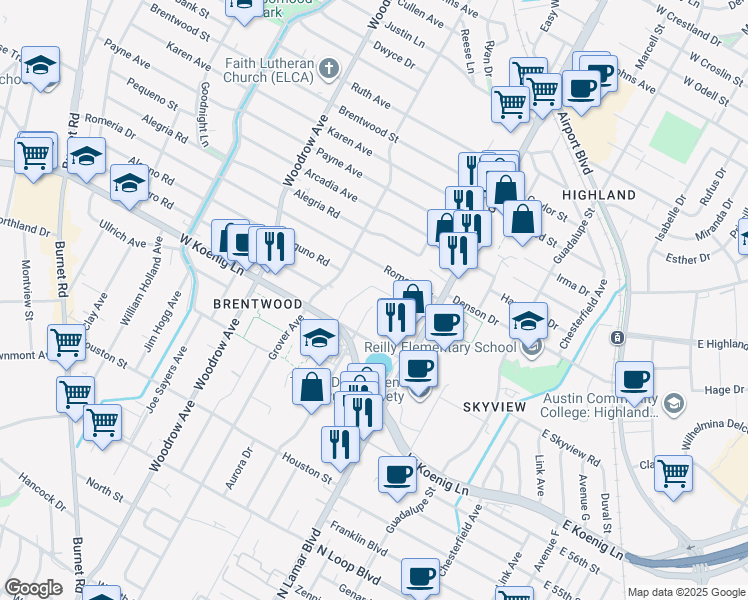 map of restaurants, bars, coffee shops, grocery stores, and more near 5914 Sunshine Drive in Austin