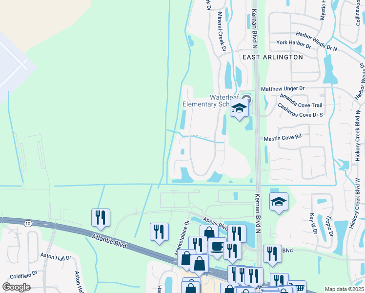 map of restaurants, bars, coffee shops, grocery stores, and more near 12106 Woodsage Court in Jacksonville