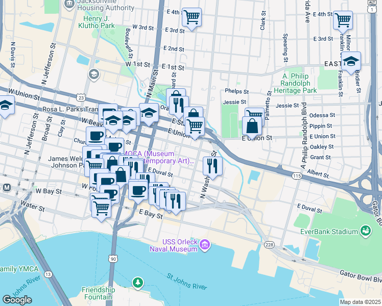 map of restaurants, bars, coffee shops, grocery stores, and more near 318 East Ashley Street in Jacksonville