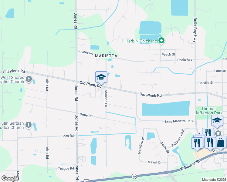 map of restaurants, bars, coffee shops, grocery stores, and more near 8866 Old Plank Road in Jacksonville