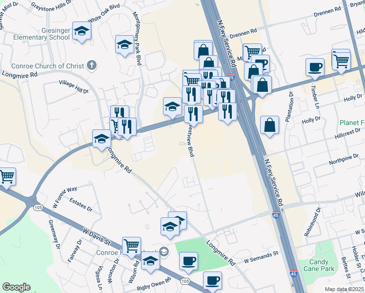 map of restaurants, bars, coffee shops, grocery stores, and more near 1717 North Loop 336 West in Conroe