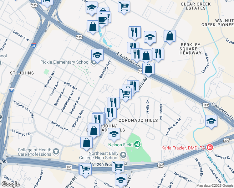 map of restaurants, bars, coffee shops, grocery stores, and more near 7400 Cameron Road in Austin
