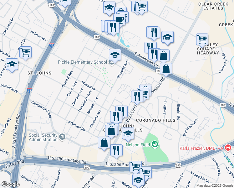 map of restaurants, bars, coffee shops, grocery stores, and more near 7306 Grand Canyon Drive in Austin