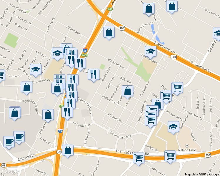 map of restaurants, bars, coffee shops, grocery stores, and more near in Austin