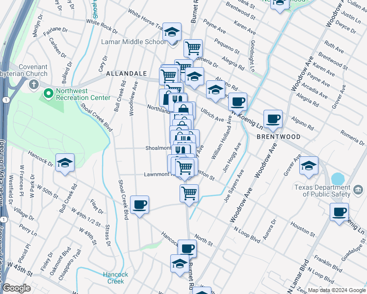map of restaurants, bars, coffee shops, grocery stores, and more near 5441 1/2 Burnet Road in Austin