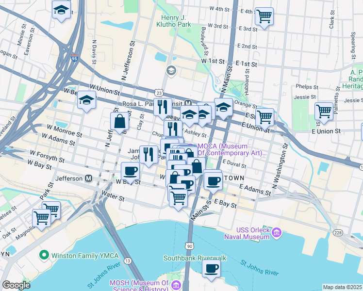 map of restaurants, bars, coffee shops, grocery stores, and more near 117 West Duval Street in Jacksonville