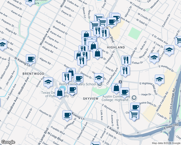 map of restaurants, bars, coffee shops, grocery stores, and more near 619 Hammack Drive in Austin