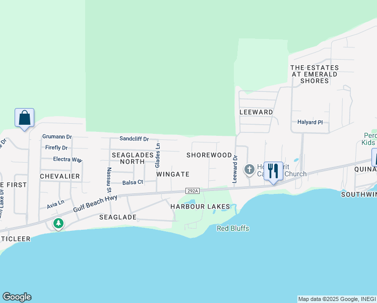 map of restaurants, bars, coffee shops, grocery stores, and more near 4015 Shorewood Drive in Pensacola