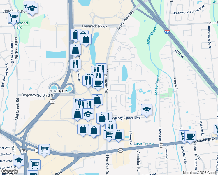 map of restaurants, bars, coffee shops, grocery stores, and more near 401 Monument Road in Jacksonville