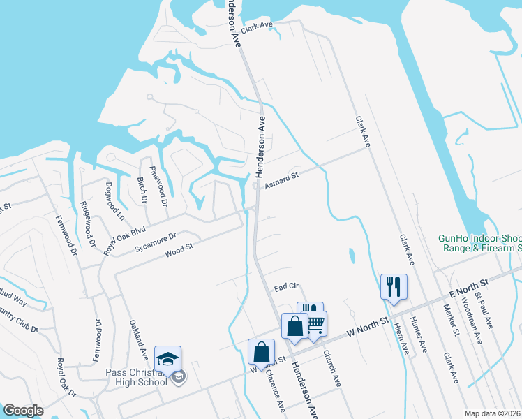 map of restaurants, bars, coffee shops, grocery stores, and more near 8 Castle Street in Pass Christian