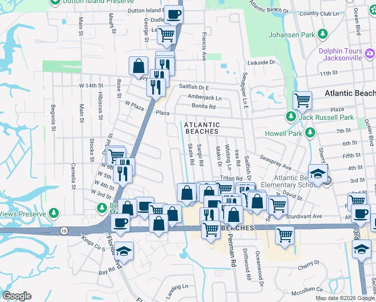 map of restaurants, bars, coffee shops, grocery stores, and more near 402 Skate Road in Atlantic Beach