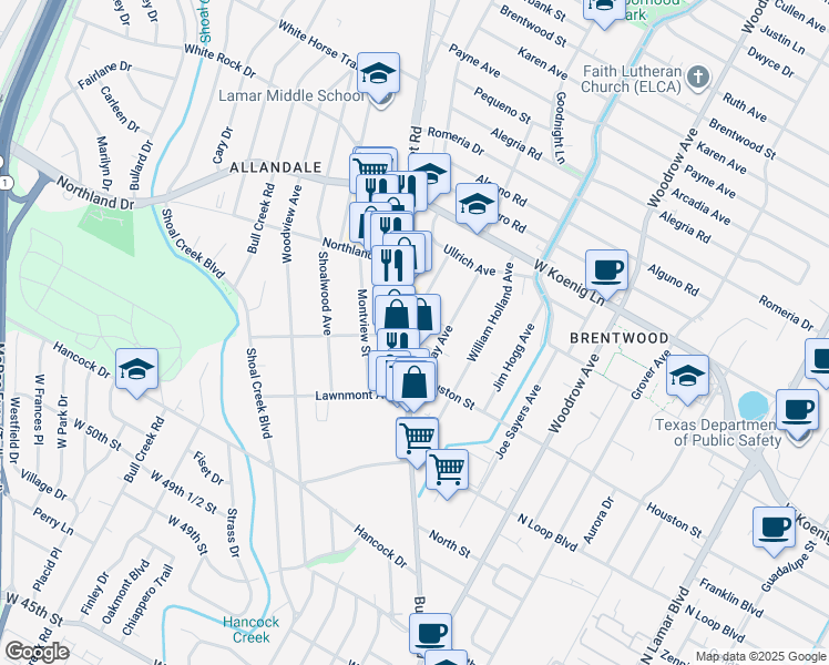 map of restaurants, bars, coffee shops, grocery stores, and more near 5441 1/2 Burnet Road in Austin