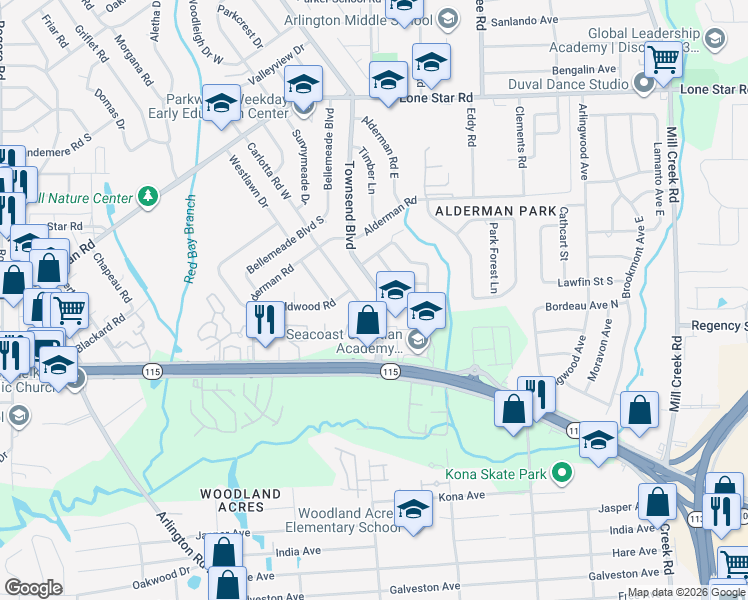 map of restaurants, bars, coffee shops, grocery stores, and more near 904 Townsend Boulevard in Jacksonville