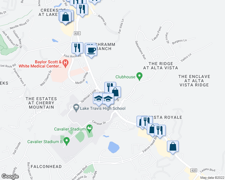map of restaurants, bars, coffee shops, grocery stores, and more near 112 Aria Ridge in Lakeway