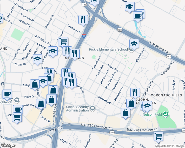 map of restaurants, bars, coffee shops, grocery stores, and more near 7011 Bennett Avenue in Austin