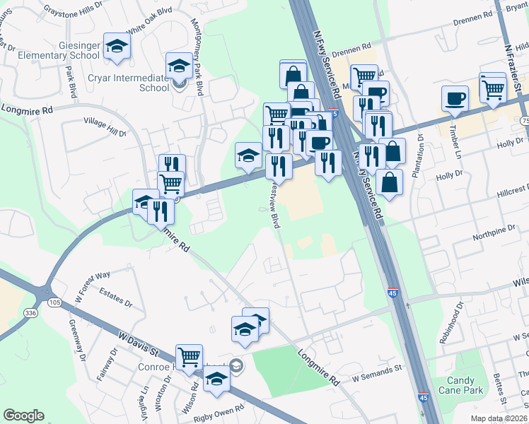 map of restaurants, bars, coffee shops, grocery stores, and more near 1935 Westview Boulevard in Conroe