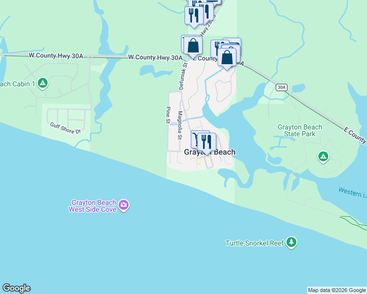 map of restaurants, bars, coffee shops, grocery stores, and more near 263 Magnolia Street in Santa Rosa Beach