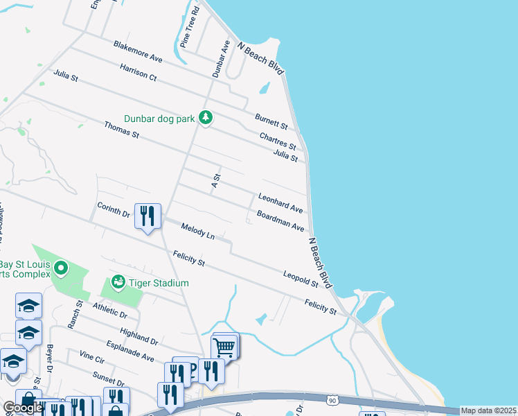 map of restaurants, bars, coffee shops, grocery stores, and more near 123 Boardman Avenue in Bay St. Louis