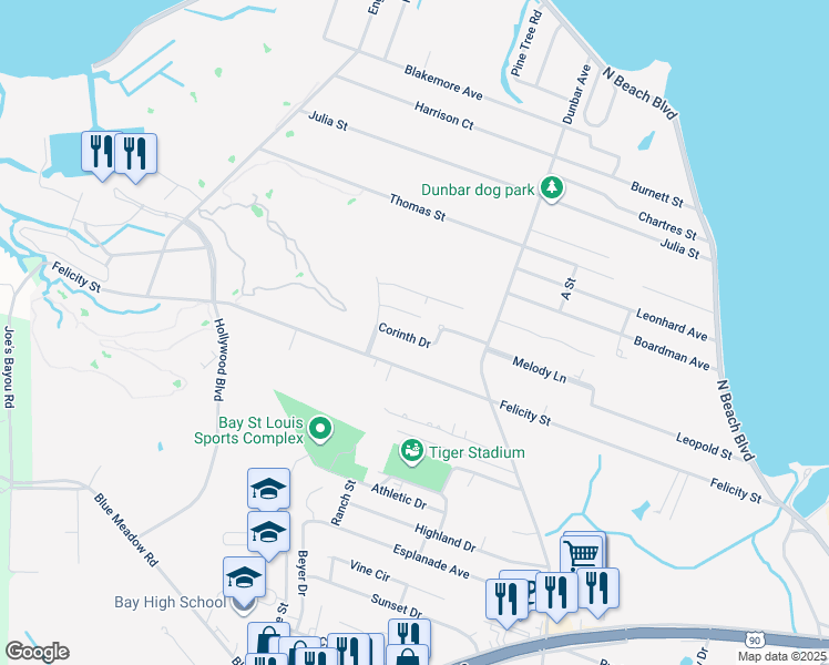 map of restaurants, bars, coffee shops, grocery stores, and more near 224 Corinth Drive in Bay St. Louis