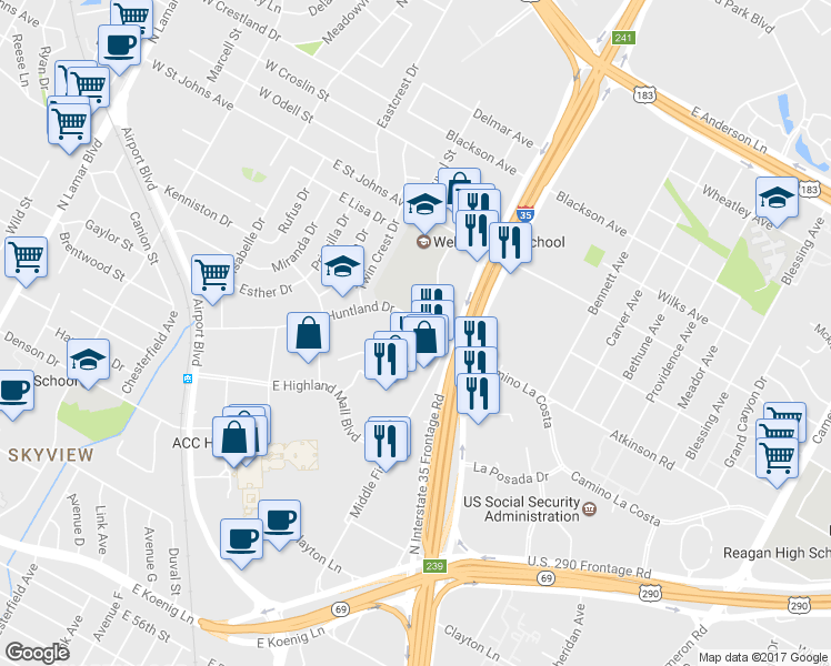map of restaurants, bars, coffee shops, grocery stores, and more near 617 East Huntland Drive in Austin