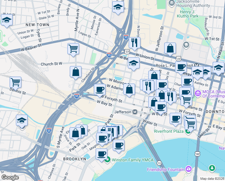 map of restaurants, bars, coffee shops, grocery stores, and more near in Jacksonville