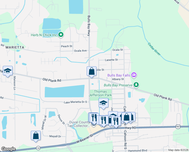 map of restaurants, bars, coffee shops, grocery stores, and more near 8331 Old Plank Road in Jacksonville
