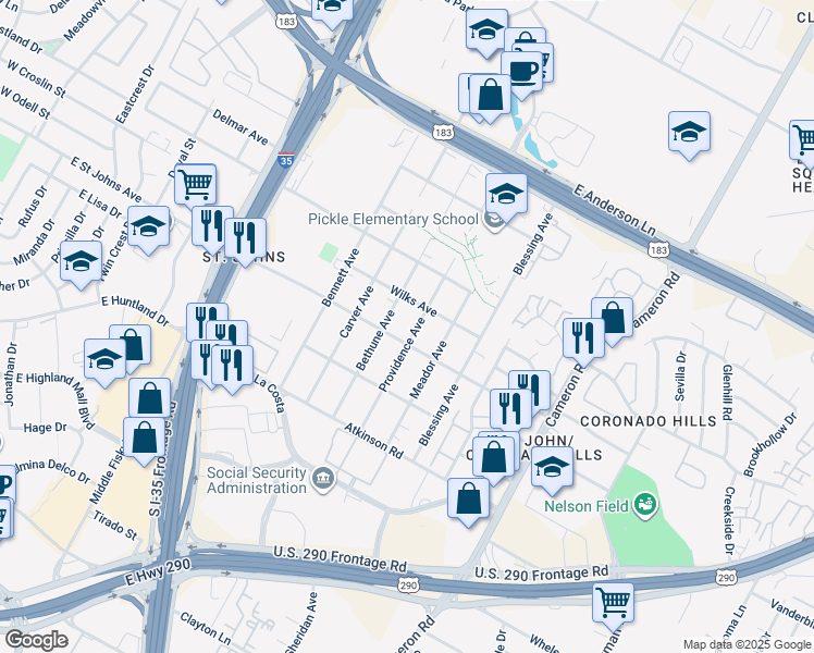 map of restaurants, bars, coffee shops, grocery stores, and more near 7109 Bethune Avenue in Austin