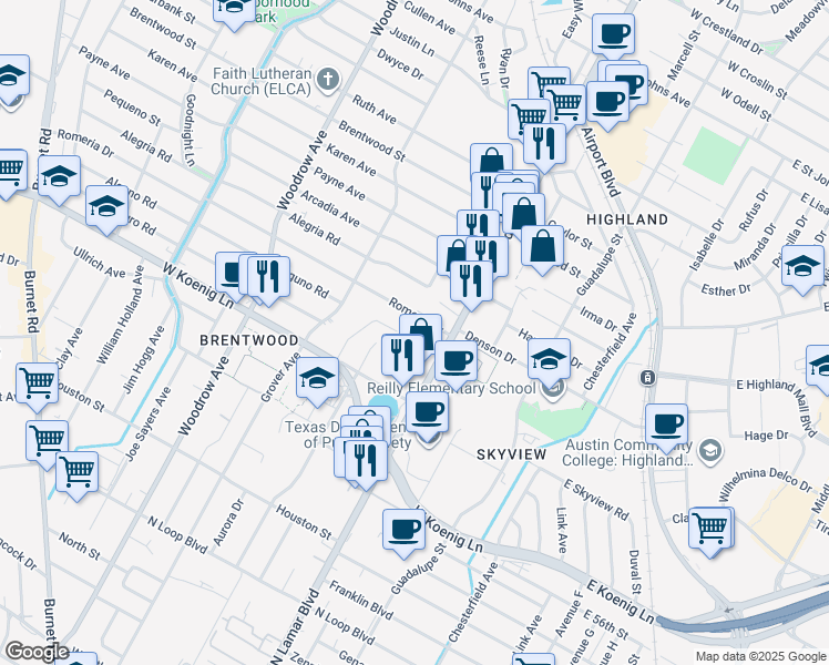 map of restaurants, bars, coffee shops, grocery stores, and more near 903 Romeria Drive in Austin