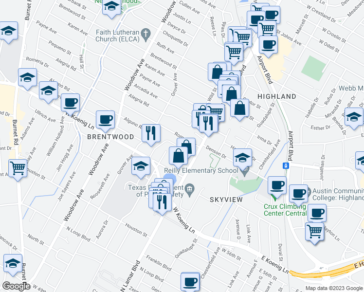 map of restaurants, bars, coffee shops, grocery stores, and more near 903 Romeria Drive in Austin