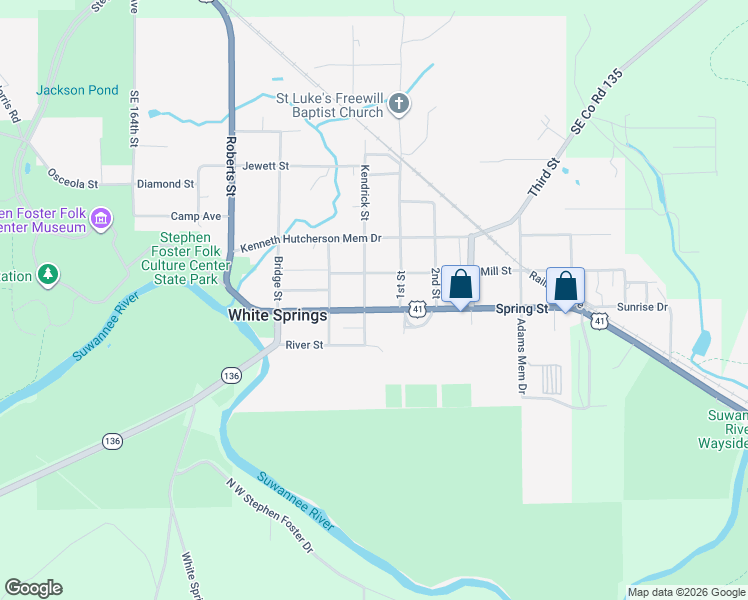 map of restaurants, bars, coffee shops, grocery stores, and more near 16642-16648 Highway 100 in White Springs