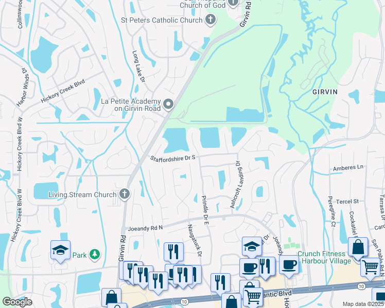 map of restaurants, bars, coffee shops, grocery stores, and more near 13053 Staffordshire Drive South in Jacksonville