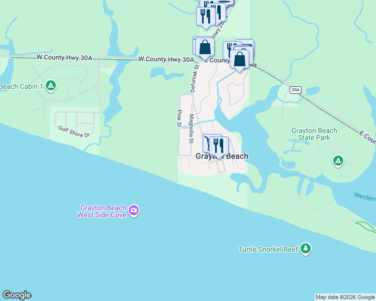 map of restaurants, bars, coffee shops, grocery stores, and more near 263 Magnolia Street in Santa Rosa Beach