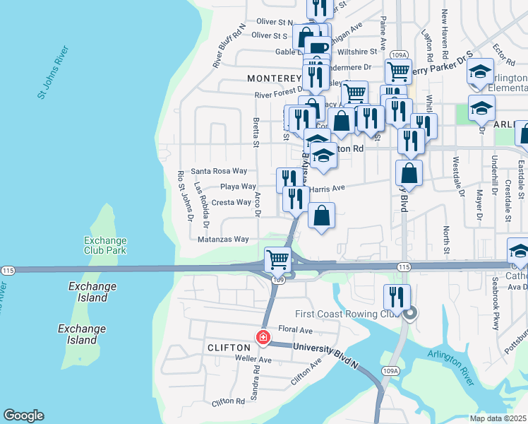 map of restaurants, bars, coffee shops, grocery stores, and more near 5456 Los Santos Way in Jacksonville