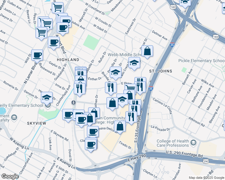 map of restaurants, bars, coffee shops, grocery stores, and more near 307 East Huntland Drive in Austin