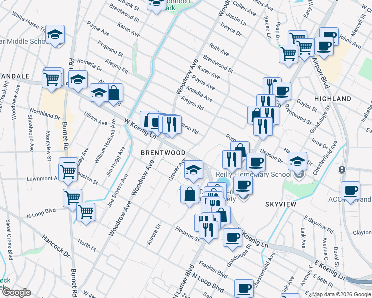 map of restaurants, bars, coffee shops, grocery stores, and more near 1200 West Koenig Lane in Austin