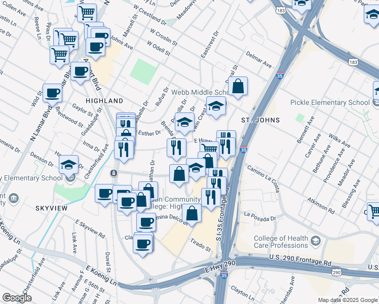 map of restaurants, bars, coffee shops, grocery stores, and more near 307 East Huntland Drive in Austin